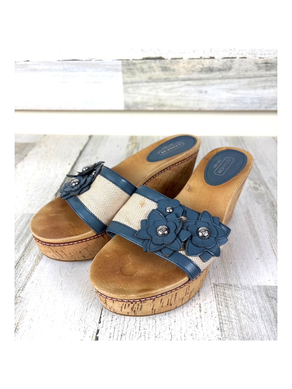COACH Jesaca Womens 6.5 Blue Floral Leather Cork Wedge Platform Slip On Sandals